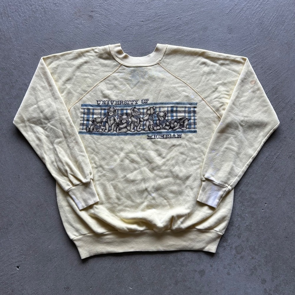 Vintage 80s JanSport Michigan Wolverines Sweatshirt Size XL Yellow Teddy Bear